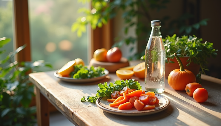 Vista de ángulo alto de una mesa con alimentos saludables y una botella de agua