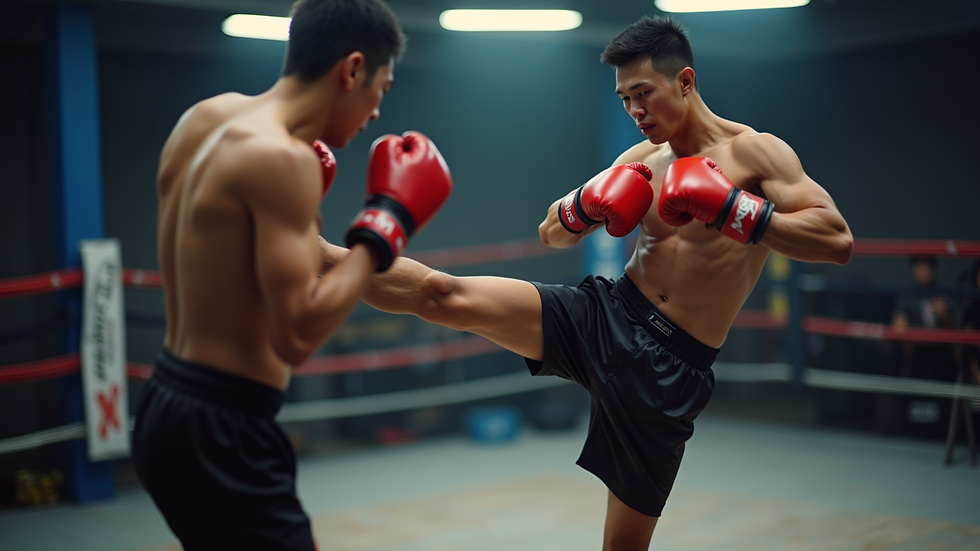 Eye-level view of a Muay Thai training session with a fighter practicing kicks