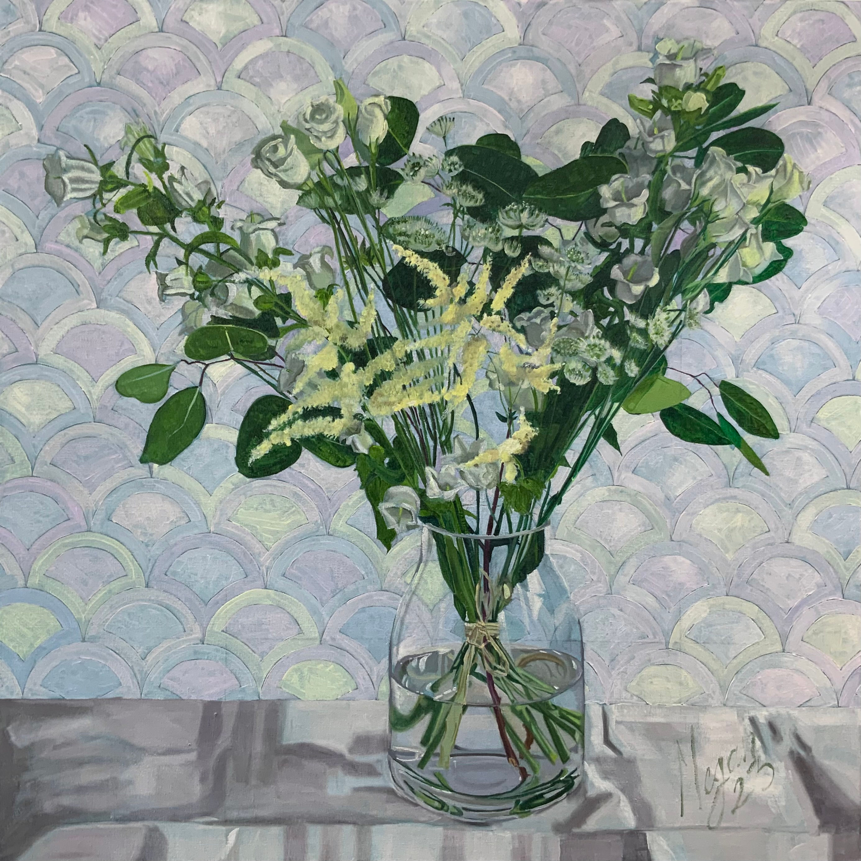 Flowers with a Pale Patterned Background - original oil painting