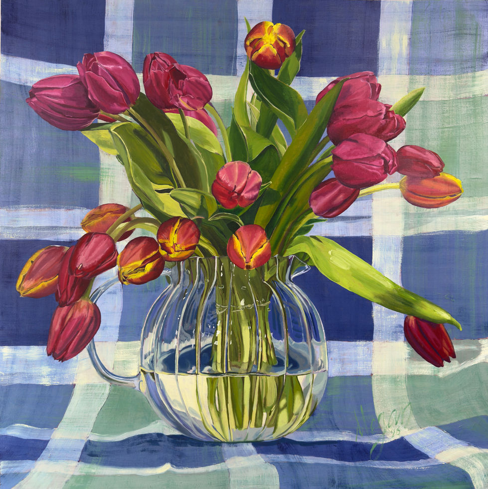 Flowers on a picnic cloth No.1 80x80cm oil paint on board (2026)