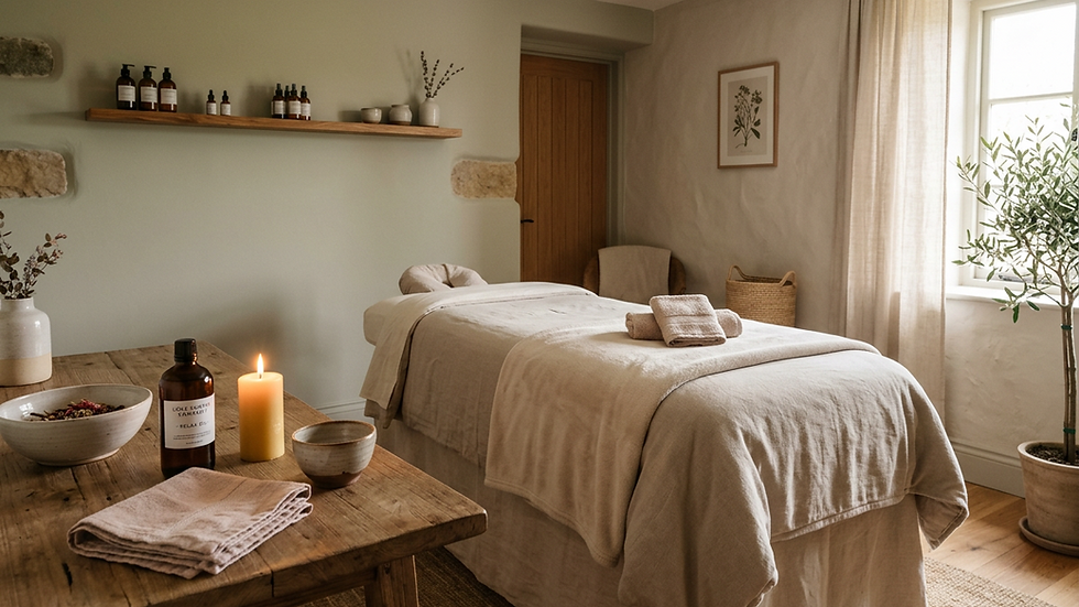 Eye-level view of a luxury spa treatment room with soft lighting and calming decor