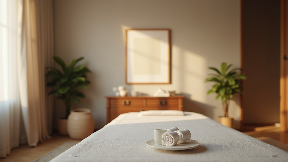 Eye-level view of a massage table set up in a cozy home room