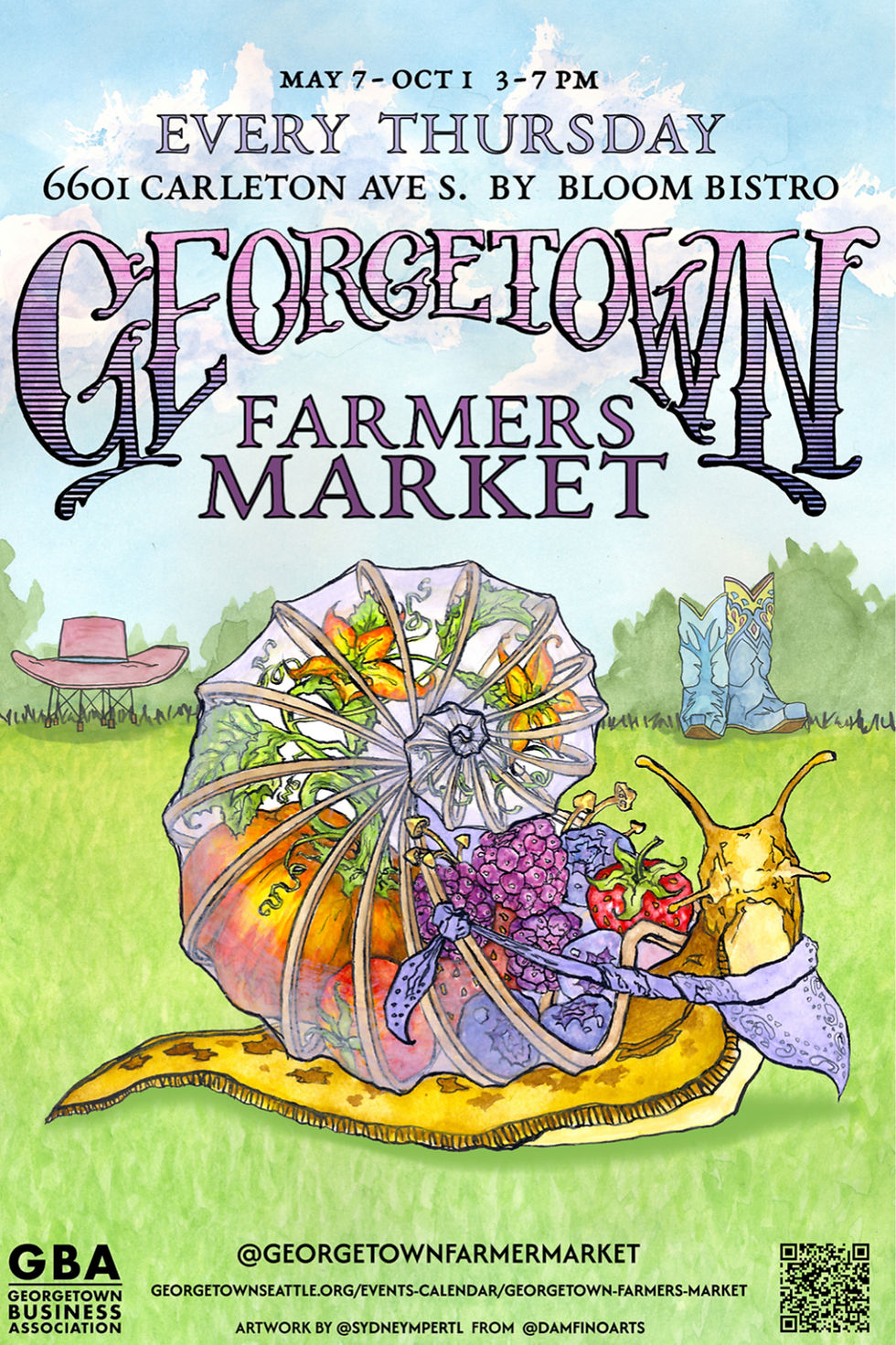 Artistic poster with snail and flowers promotes farmers market