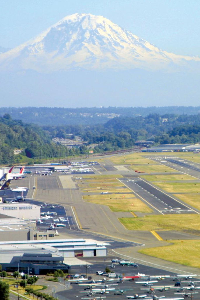 Mount Rainier seen in distance with KCIA-Boeing Field in foreground.