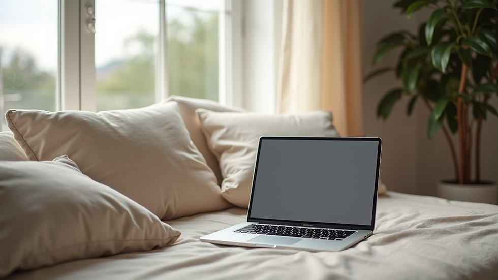 High angle view of a peaceful room with soft cushions and a laptop ready for an online hypnosis session