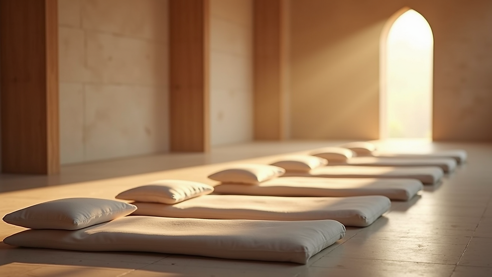 Eye-level view of a peaceful meditation space with cushions and soft lighting