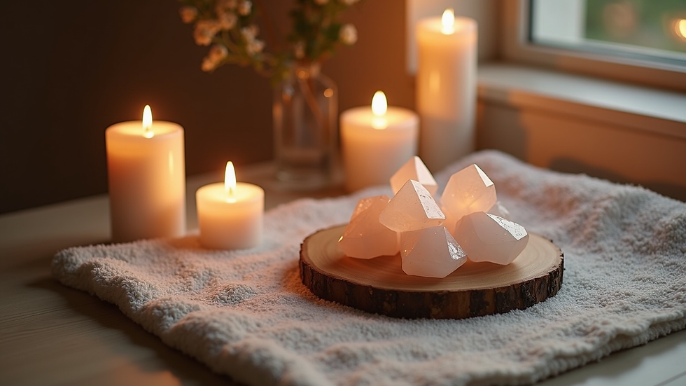 High angle view of a peaceful meditation space with crystals and candles