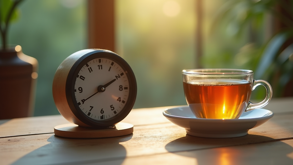 Close-up view of a meditation timer and a cup of herbal tea on a wooden table