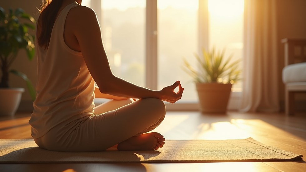 Close-up view of a person sitting cross-legged on a mat in a sunlit room, meditating
