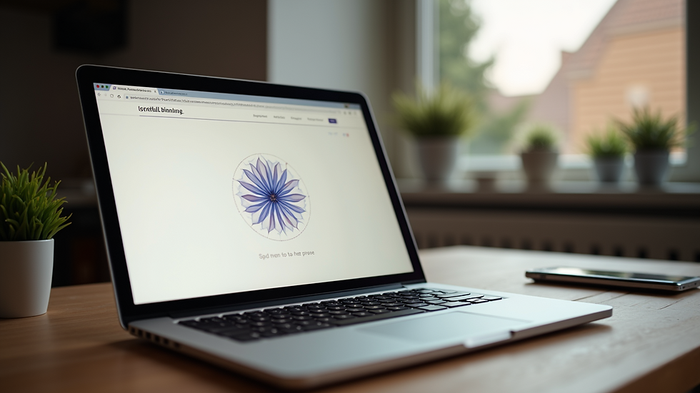 Eye-level view of a laptop on a wooden desk with a spiritual website open