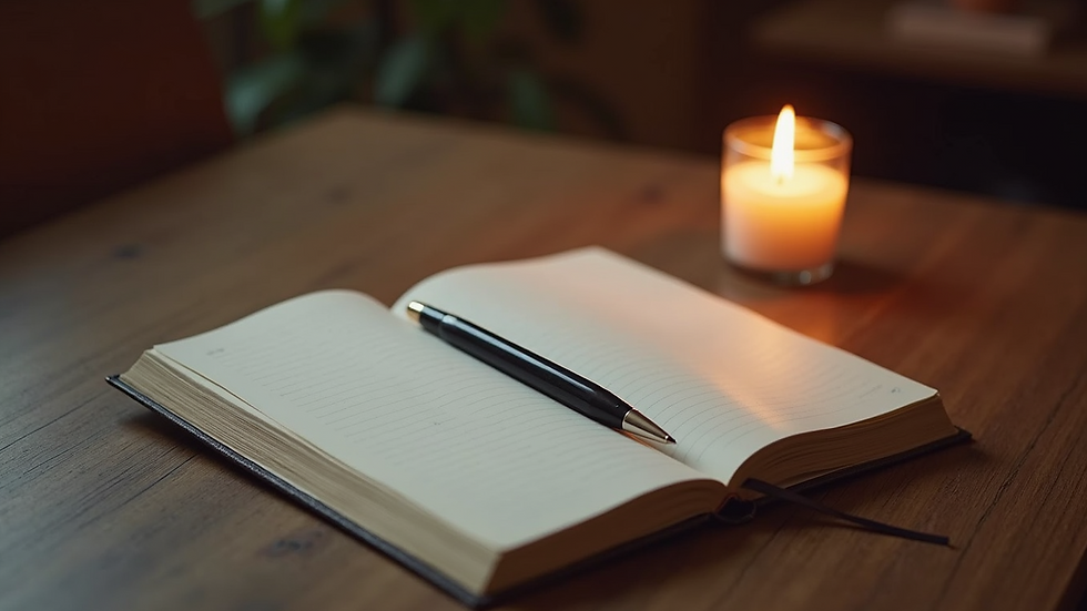 High angle view of a journal and pen beside a lit candle on a wooden table