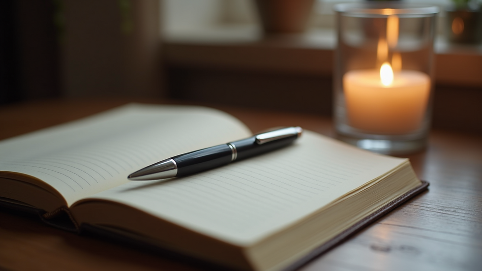 Close-up view of a journal and pen on a table with a candle nearby