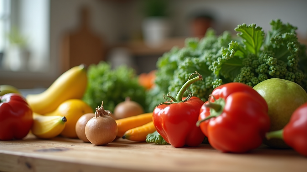 Close-up view of fresh fruits and vegetables on a kitchen counter