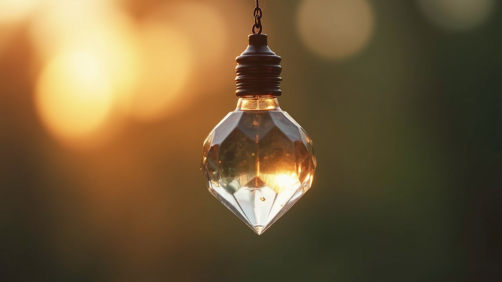 Close-up view of a glowing crystal pendant hanging in soft natural light