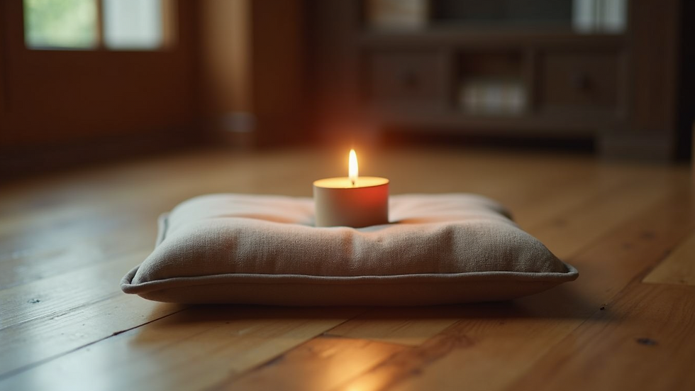 Close-up view of a meditation cushion and a lit candle on a wooden floor