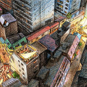 東京、渋谷、再開発計画　鳥瞰、パース、イラスト、手描き