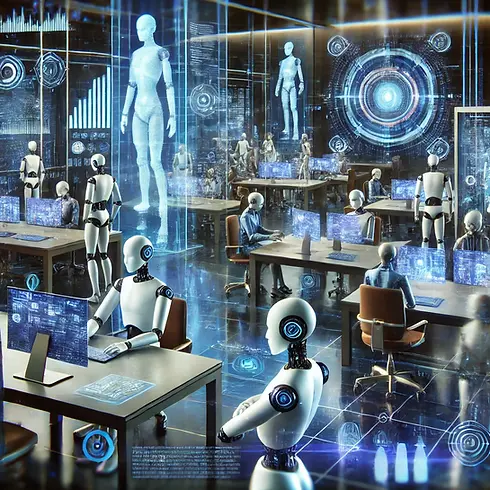 DALL·E 2024-10-17 13.37.22 - A futuristic digital scene showing AI agents at work. The bac