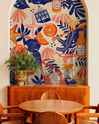 Panneau en verre imprimé avec motif coloré de fruits et feuilles dans une salle à manger.