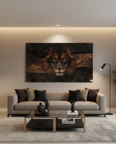 Tableau en verre imprimé avec motif lion dans un salon moderne.