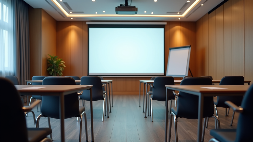 Eye-level view of a conference room setup with chairs and a projector screen