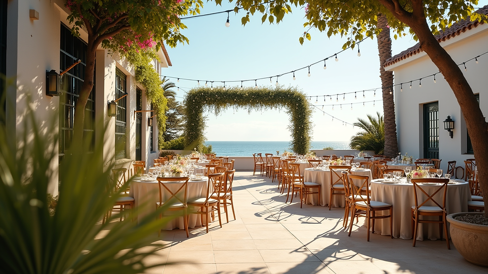 Eye-level view of a charming coastal event venue with outdoor seating