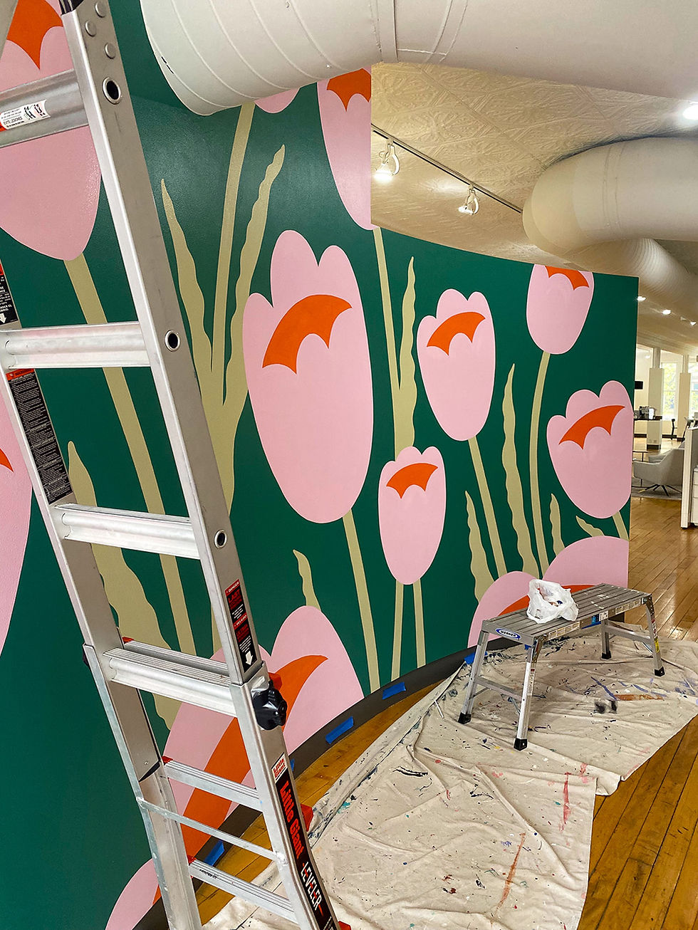 pink tulips hand painted on green wall