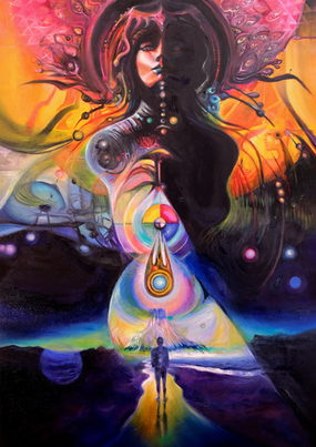In a river pass lit from an otherworldly source, the higher self appears a powerful and vibrant female force with a cosmic eye-covered headdress like the plumes of a peacock.