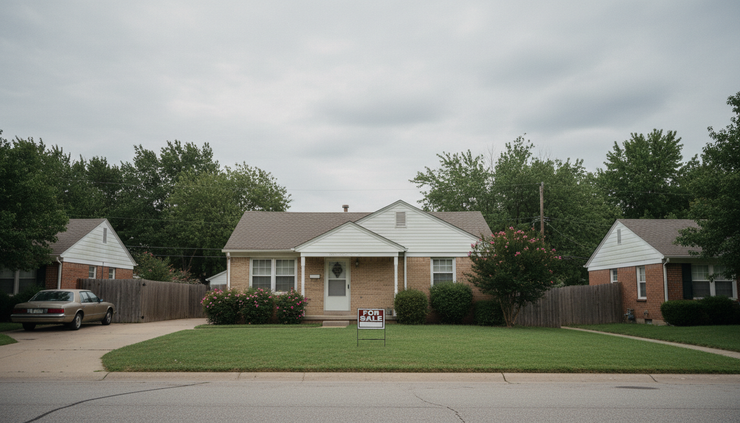 Wide-angle view of a quiet single-family home with a for-sale sign in the front yard.