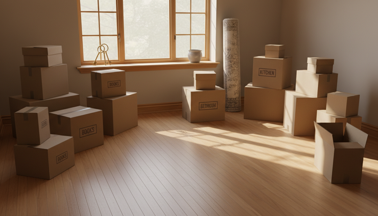 Wide-angle view of a quiet living room with packed boxes and sunlight through a window.
