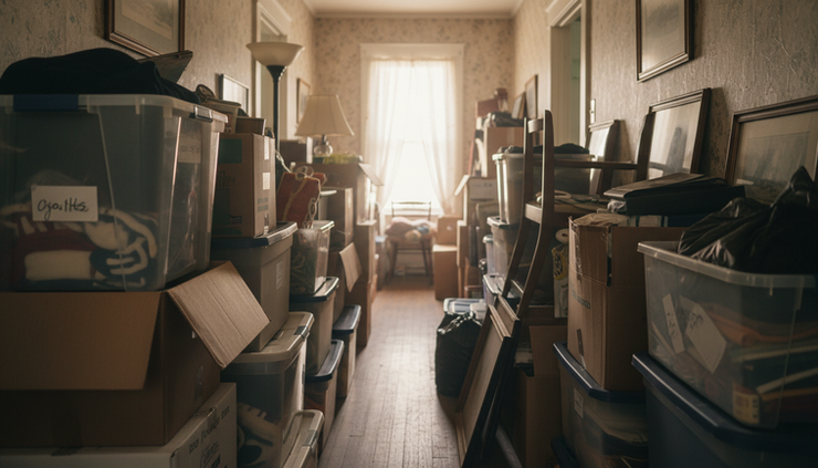 Close-up view of a hallway filled with stacked boxes and household items