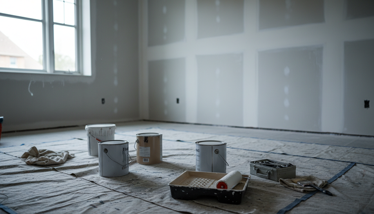 Eye-level view of paint cans and repair tools on the floor of an empty room.