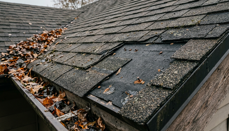 Close-up view of missing asphalt shingles on a sloped residential roof