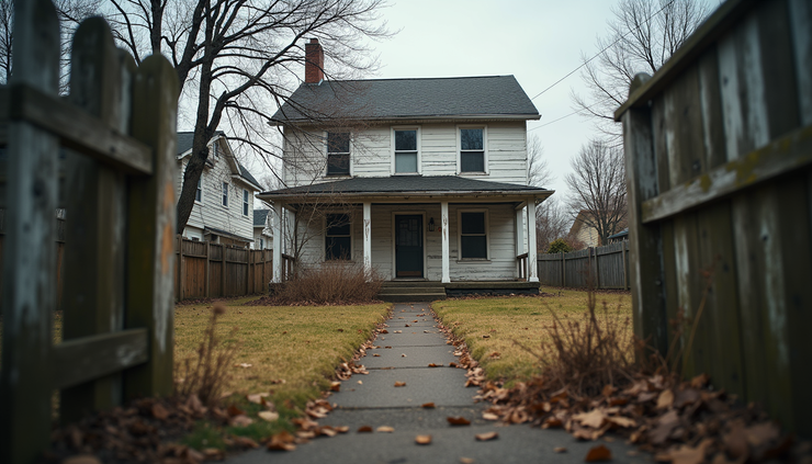 Eye-level view of a worn-down rental property with visible damage