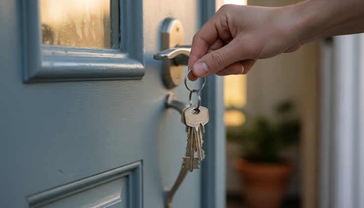 Close-up view of a hand holding house keys near a front door.