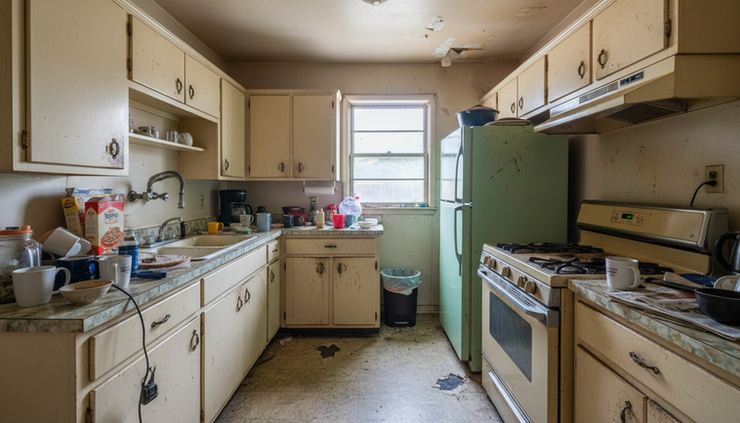 Eye-level view of an older kitchen with worn cabinets and cluttered counters