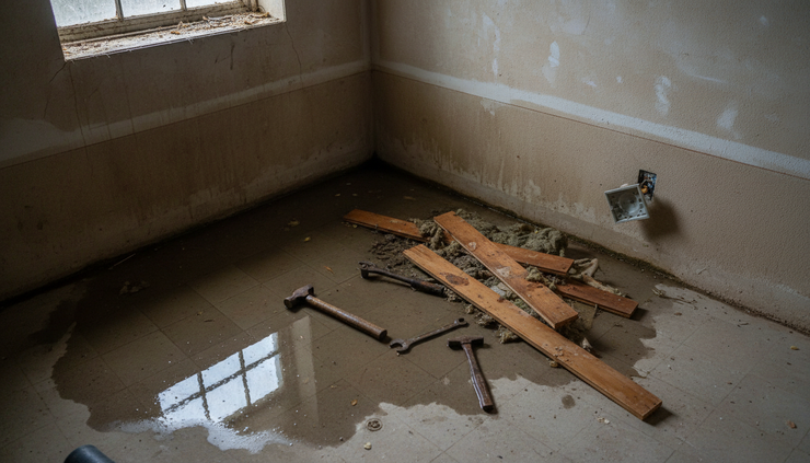 High-angle view of a flooded basement corner with a wet drywall line and scattered repair tools