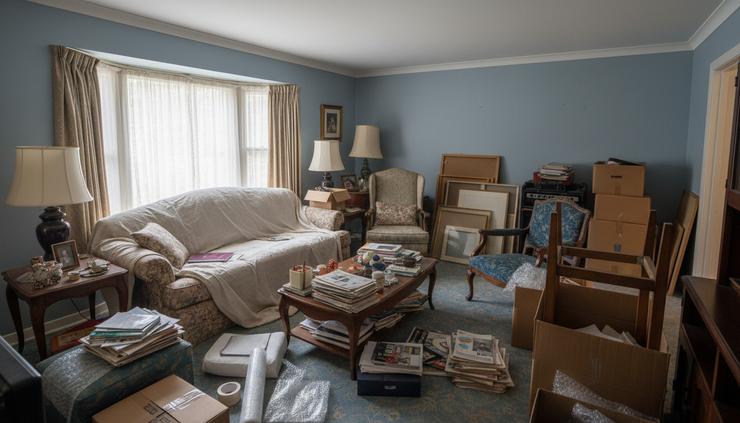 Wide-angle view of a cluttered living room in an older house