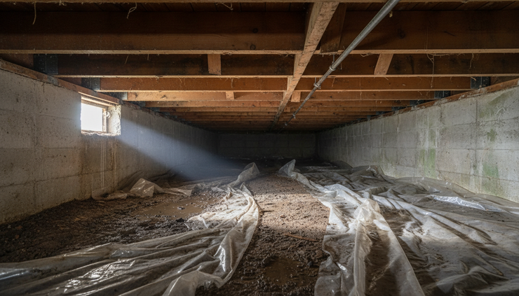 Eye-level view of a damp crawlspace with plastic sheeting and exposed floor joists