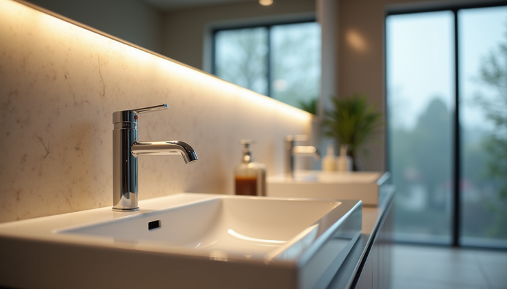 Close-up view of a bathroom vanity with new fixtures and lighting