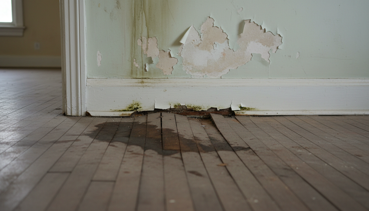 Close-up view of warped wood flooring near a damp wall inside a vacant home