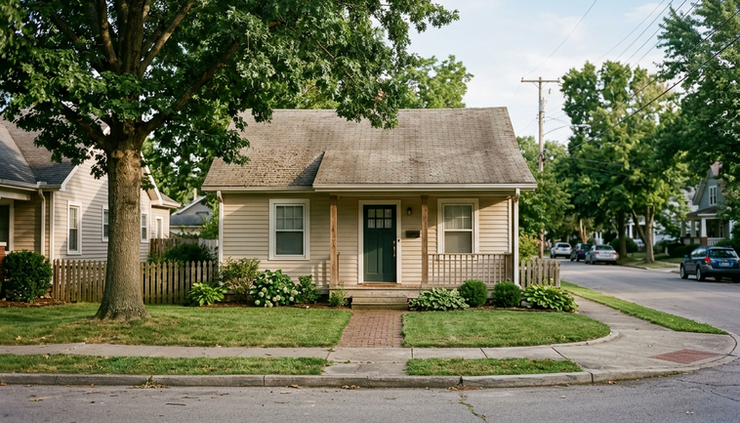 Street-level view of a modest house with an older roof and a quiet front yard