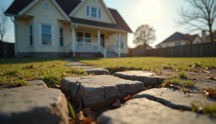 Eye-level view of a house with visible foundation cracks and uneven ground