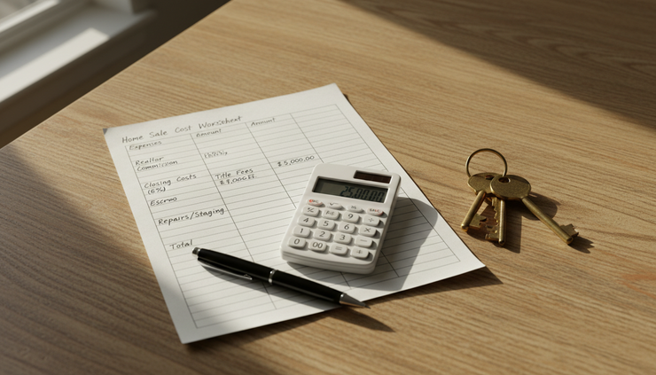 Eye-level view of a handwritten home sale cost worksheet beside a calculator and house keys.
