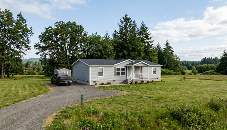 Wide-angle view of a manufactured home on a quiet rural lot.