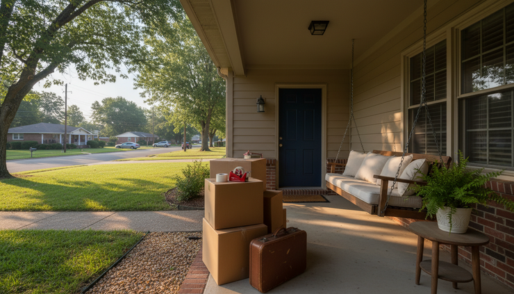 Wide-angle view of a front porch with packed moving boxes beside the door.