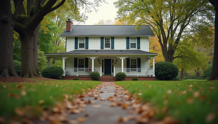Eye-level view of a traditional North Carolina house with a front porch and mature trees