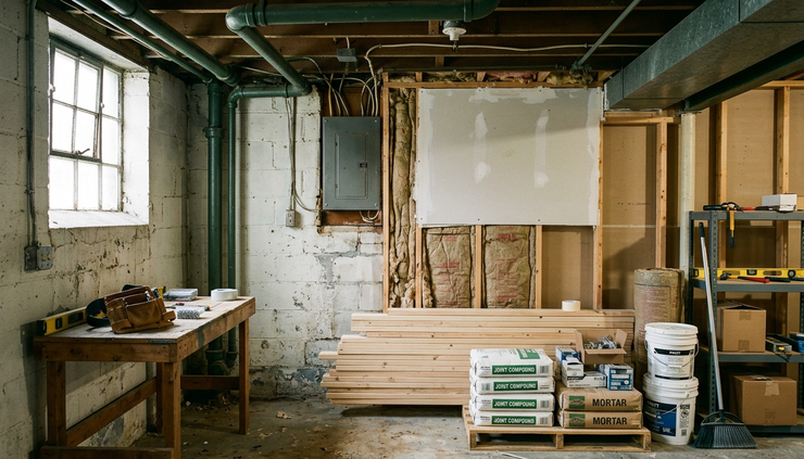 Eye-level view of an older basement room with exposed pipes and a small finished area