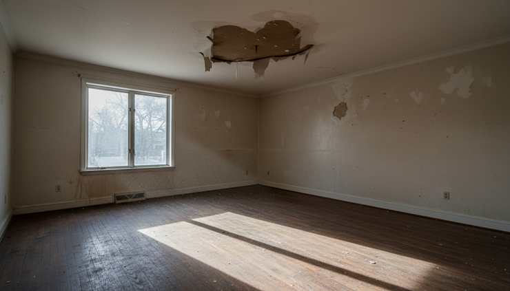 Wide-angle view of a water-stained ceiling beneath a leaking roof in an empty house