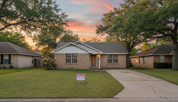 Wide-angle view of a quiet house with a sale sign in the front yard.