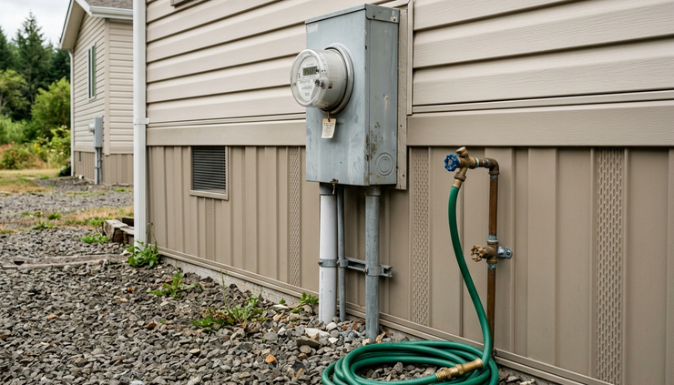 Close-up view of utility hookups beside a manufactured home.
